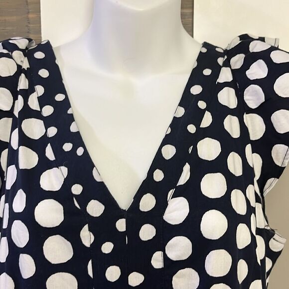 LOFT Navy White Polka Dot V-Neck Ruffled Flowy MIDI Dress- Medium - Picture 5 of 8